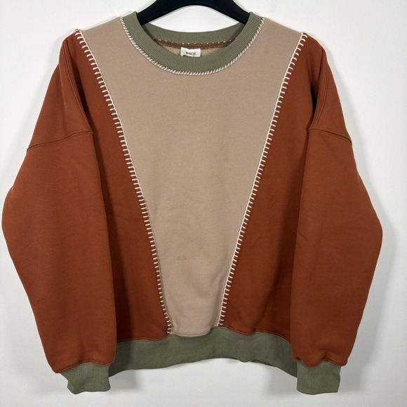 BKE Buckle Color Block Pullover Sweatshirt Large Olive Tan Rust Fall Warm - Picture 2 of 6